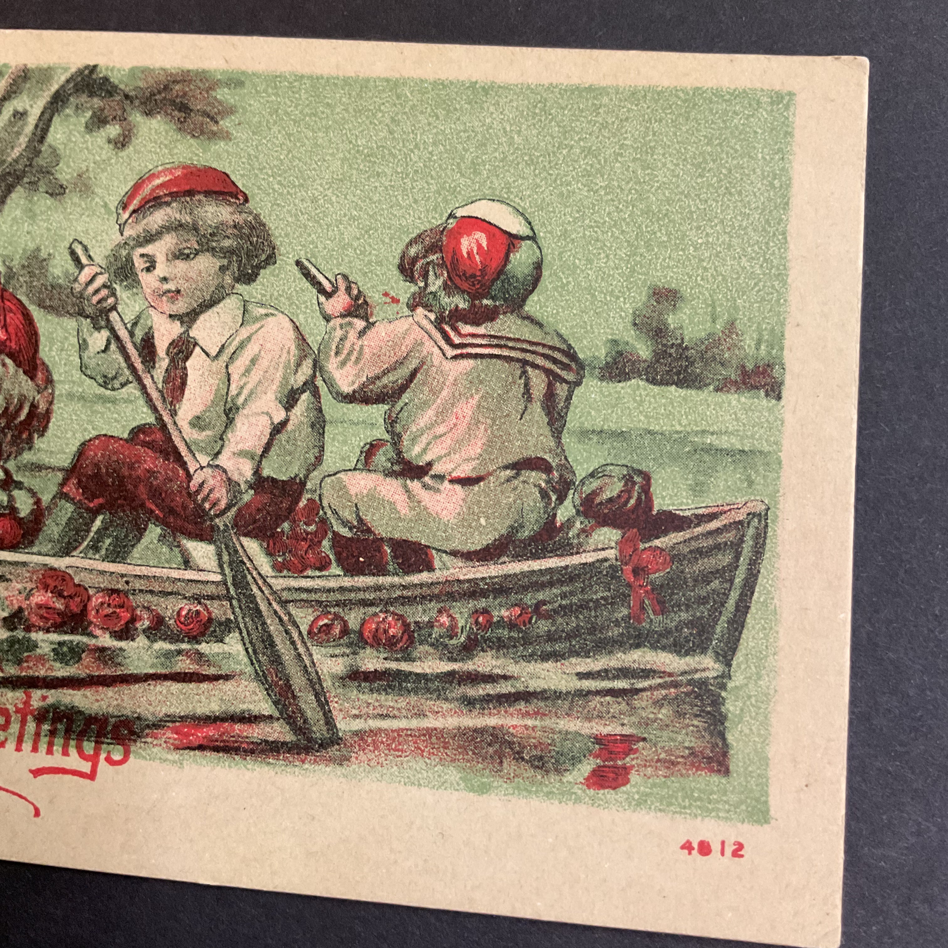 Vintage Thanksgiving Postcard Boys in Boat Large Turkey Unused