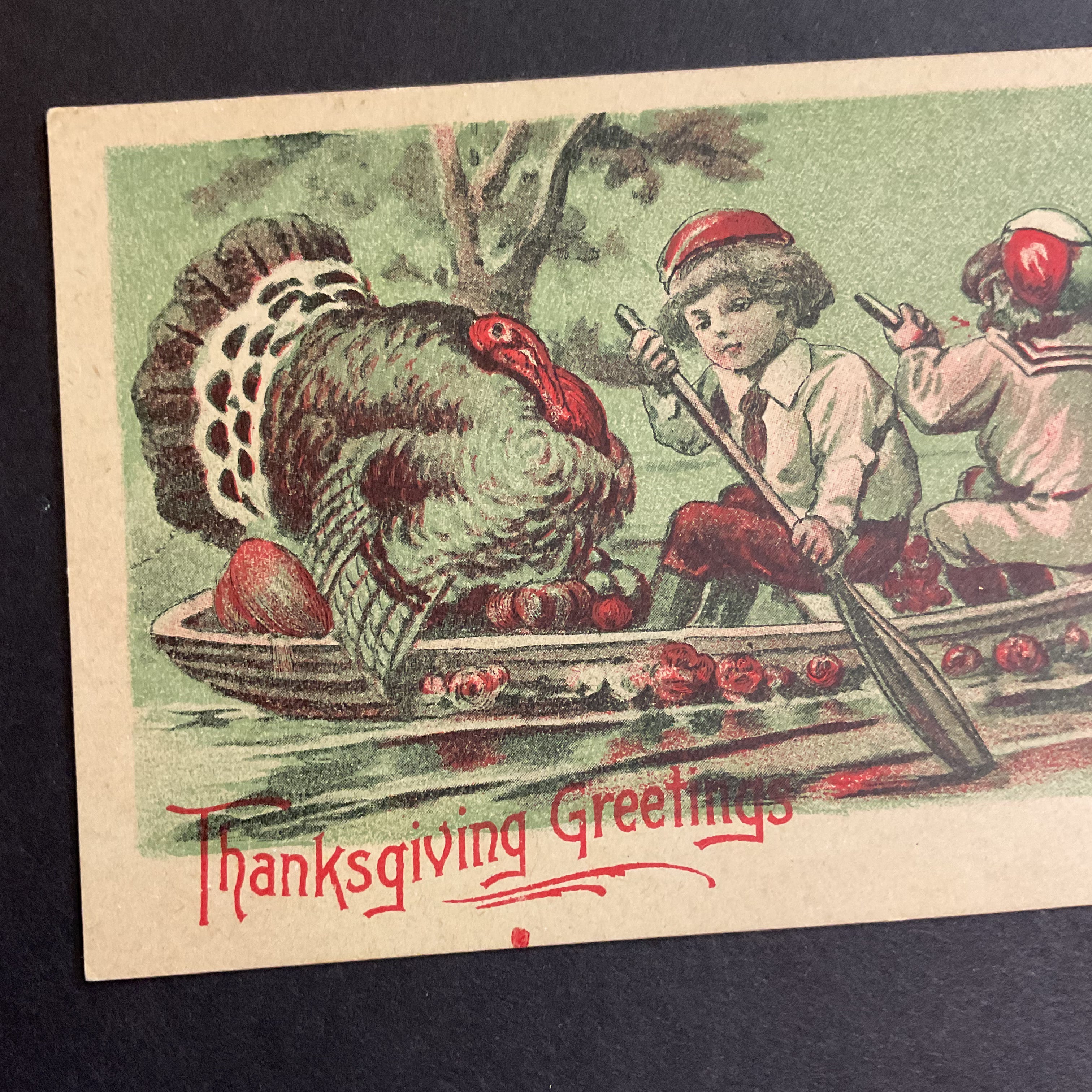 Vintage Thanksgiving Postcard Boys in Boat Large Turkey Unused