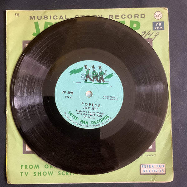 Vintage 1962 Popeye Jeep, Jeep Peter Pan Vinyl Record in Sleeve 78 RPM