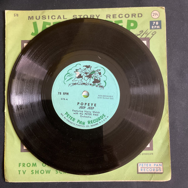 Vintage 1962 Popeye Jeep, Jeep Peter Pan Vinyl Record in Sleeve 78 RPM
