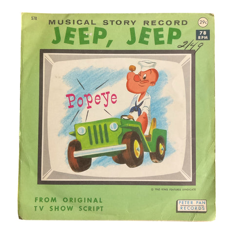 Vintage 1962 Popeye Jeep, Jeep Peter Pan Vinyl Record in Sleeve 78 RPM