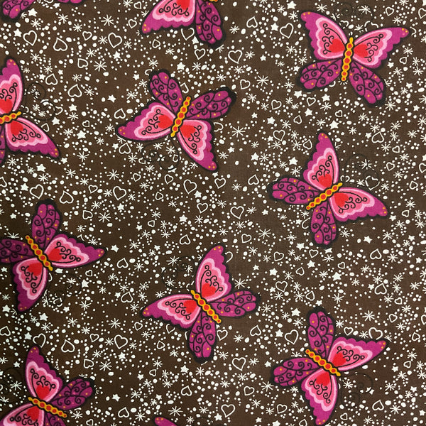 Butterfly Fabric Purple Pink Red Butterflies on Brown 44 x 1 Yard