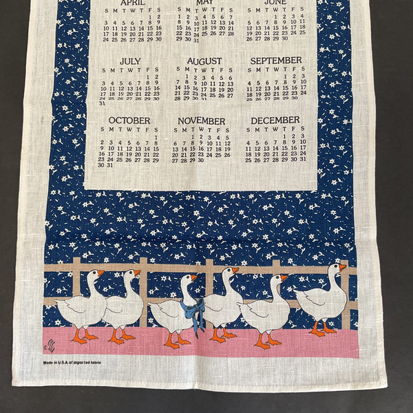 Vintage 1988 Calendar Tea Towel Geese Blue Border