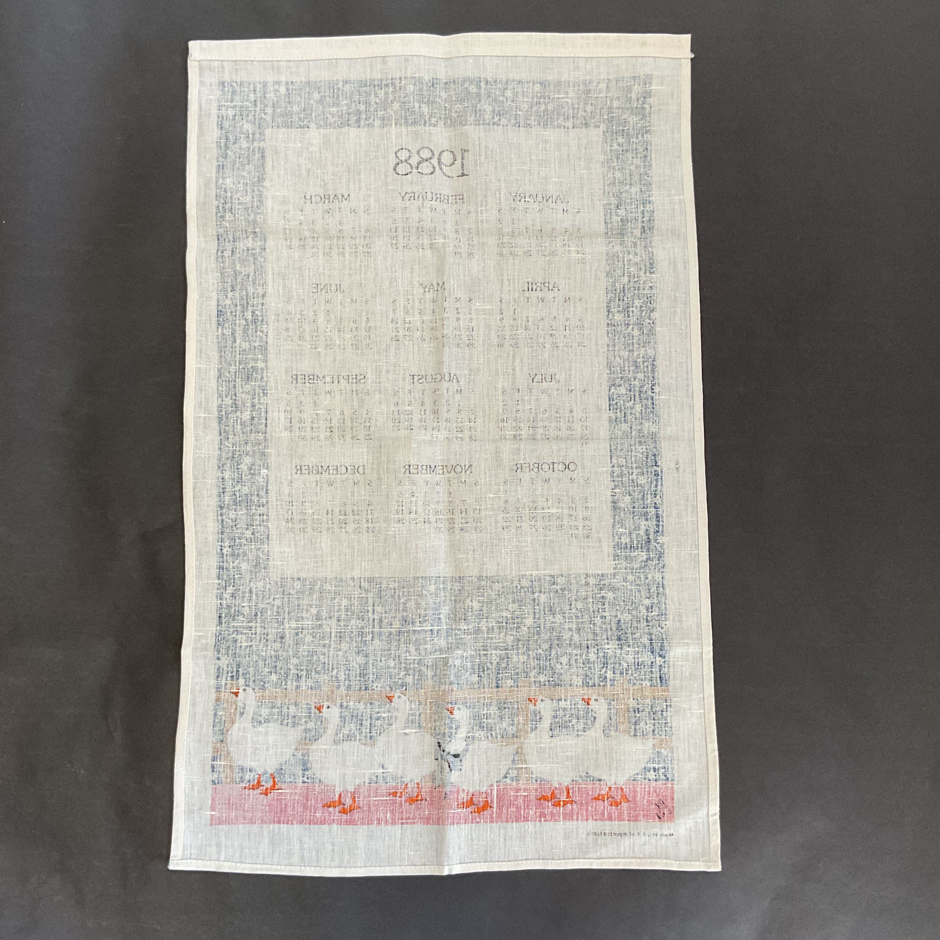 Vintage 1988 Calendar Tea Towel Geese Blue Border