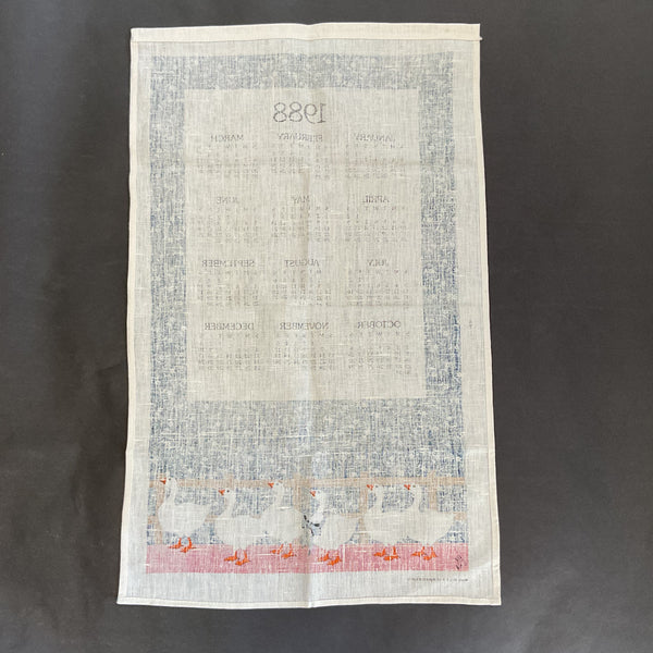Vintage 1988 Calendar Tea Towel Geese Blue Border