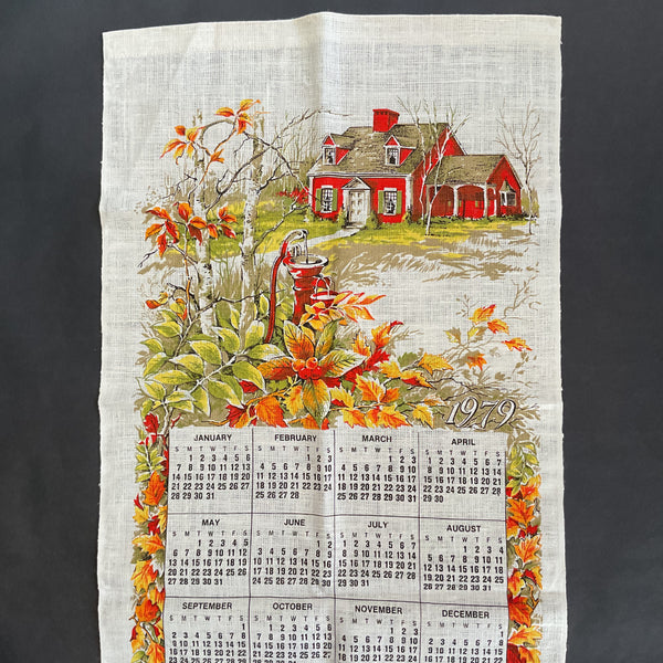 Vintage 1979 Kitchen Calendar Tea Towel Red House Fall Leaves