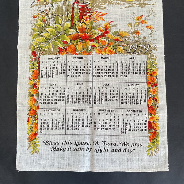 Vintage 1979 Kitchen Calendar Tea Towel Red House Fall Leaves