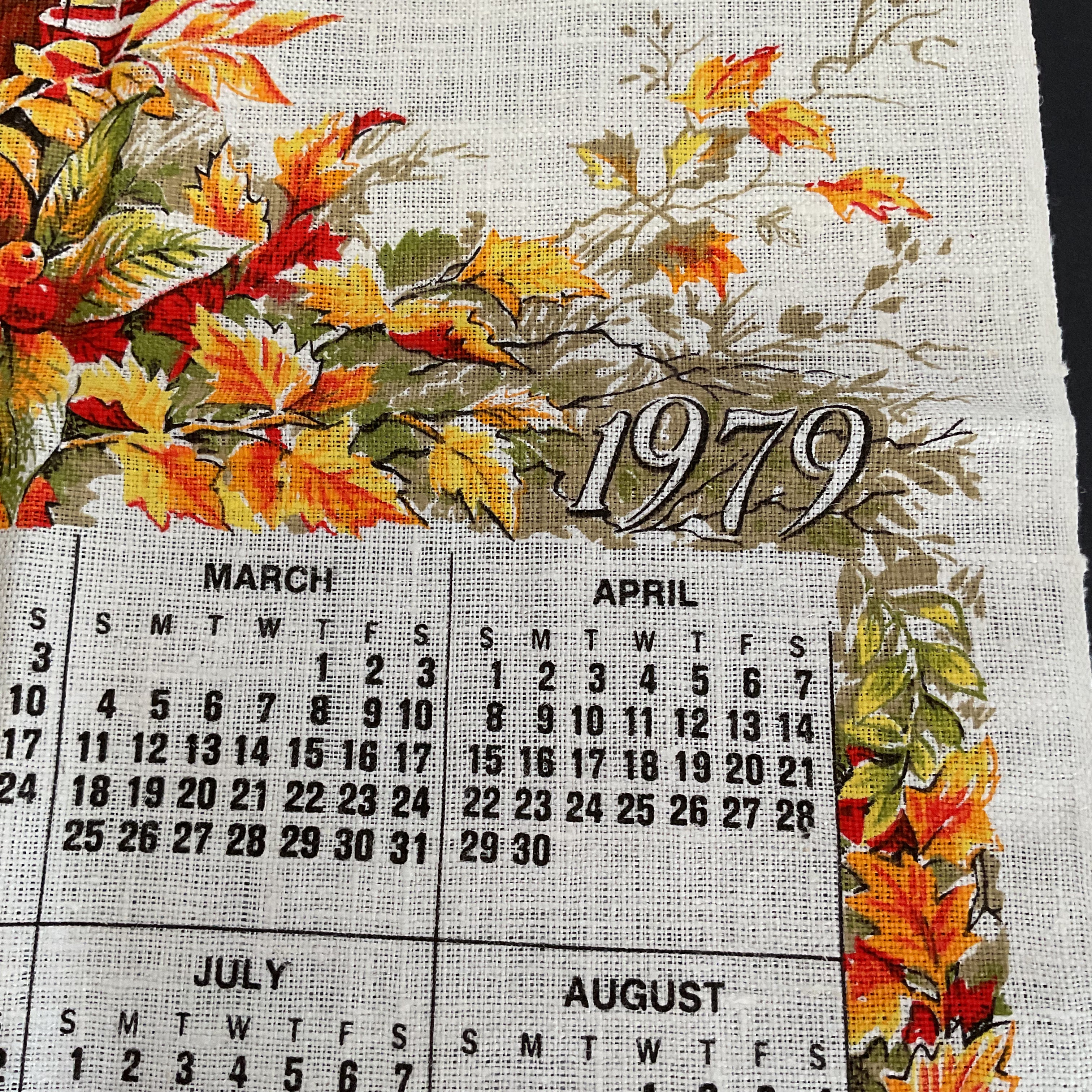 Vintage 1979 Kitchen Calendar Tea Towel Red House Fall Leaves