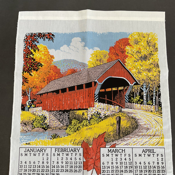Vintage 1988 Calendar Tea Towel Covered Bridge Fall Leaves