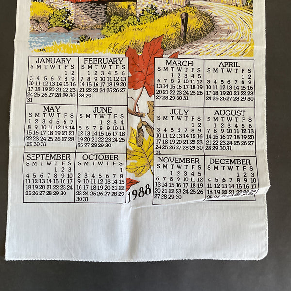 Vintage 1988 Calendar Tea Towel Covered Bridge Fall Leaves