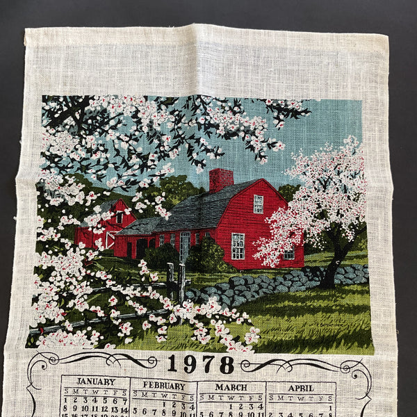 Vintage 1978 Calendar Tea Towel House Barn and Apple Blossoms