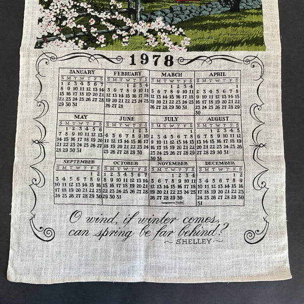 Vintage 1978 Calendar Tea Towel House Barn and Apple Blossoms