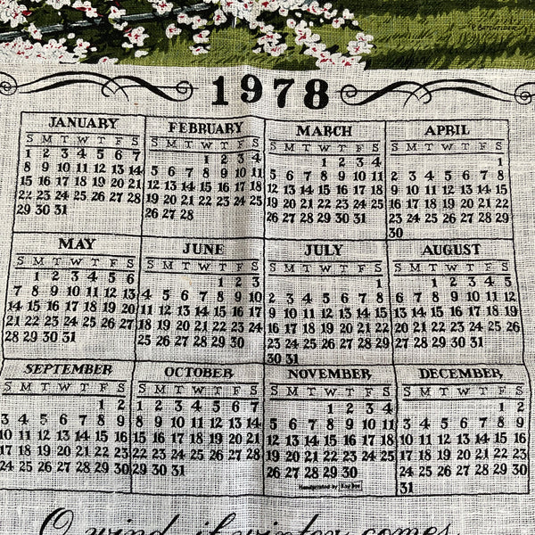 Vintage 1978 Calendar Tea Towel House Barn and Apple Blossoms