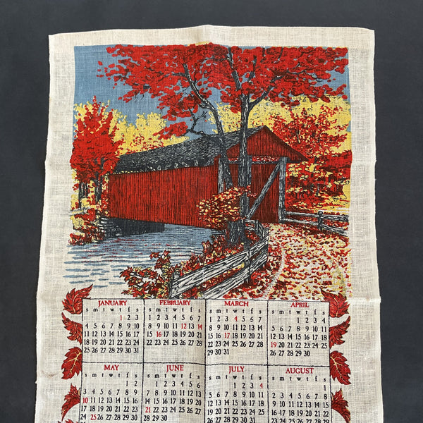 Vintage 1981 Calendar Tea Towel Covered Bridge Fall Trees