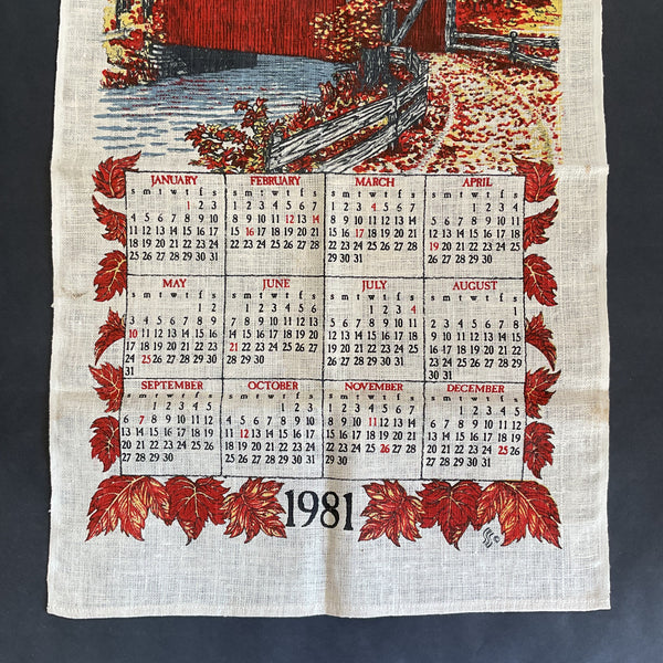 Vintage 1981 Calendar Tea Towel Covered Bridge Fall Trees