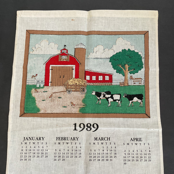 Vintage 1989 Kitchen Calendar Tea Towel Farm Scene Cows Barn