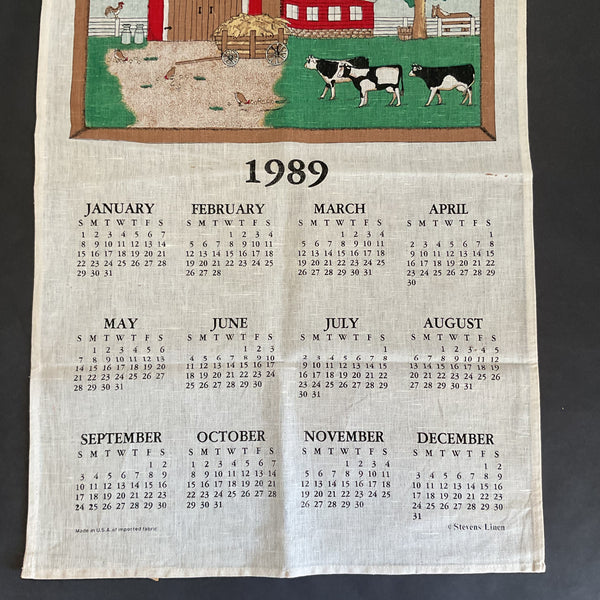 Vintage 1989 Kitchen Calendar Tea Towel Farm Scene Cows Barn