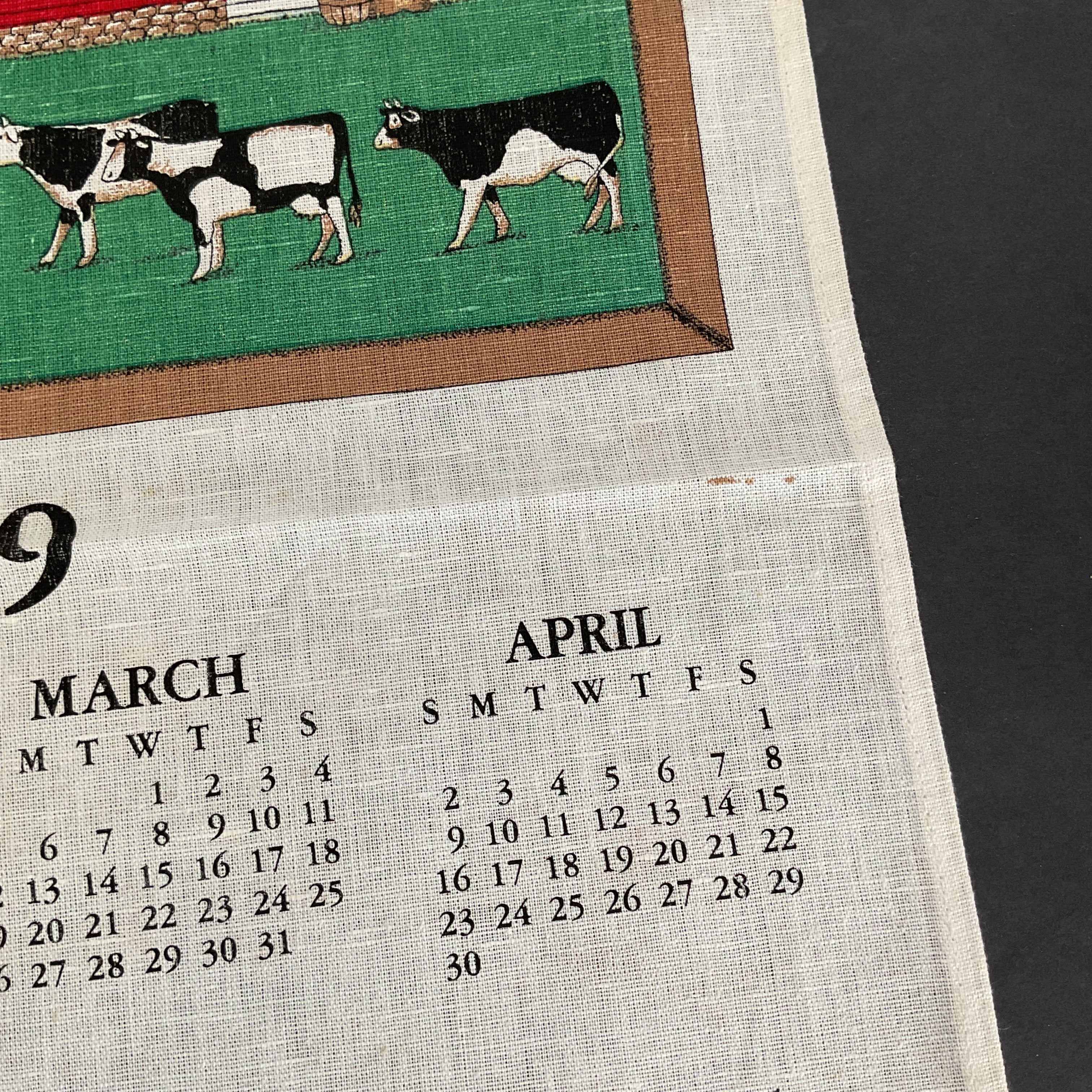 Vintage 1989 Kitchen Calendar Tea Towel Farm Scene Cows Barn