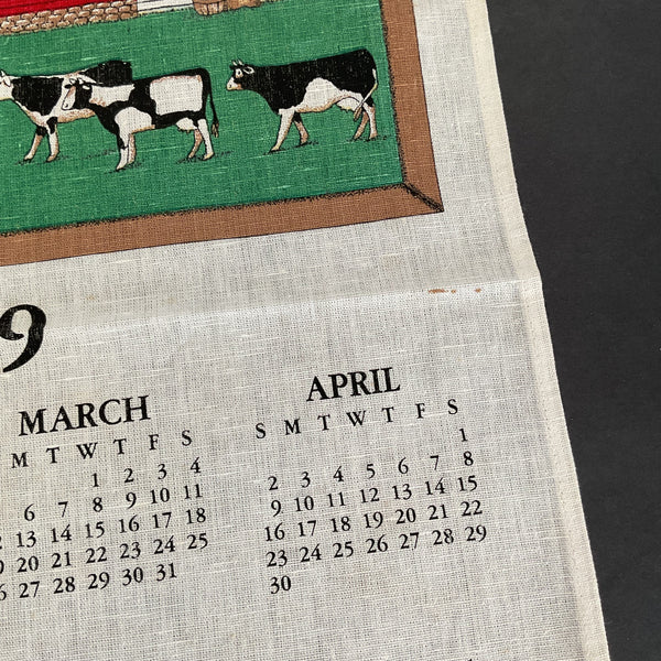 Vintage 1989 Kitchen Calendar Tea Towel Farm Scene Cows Barn