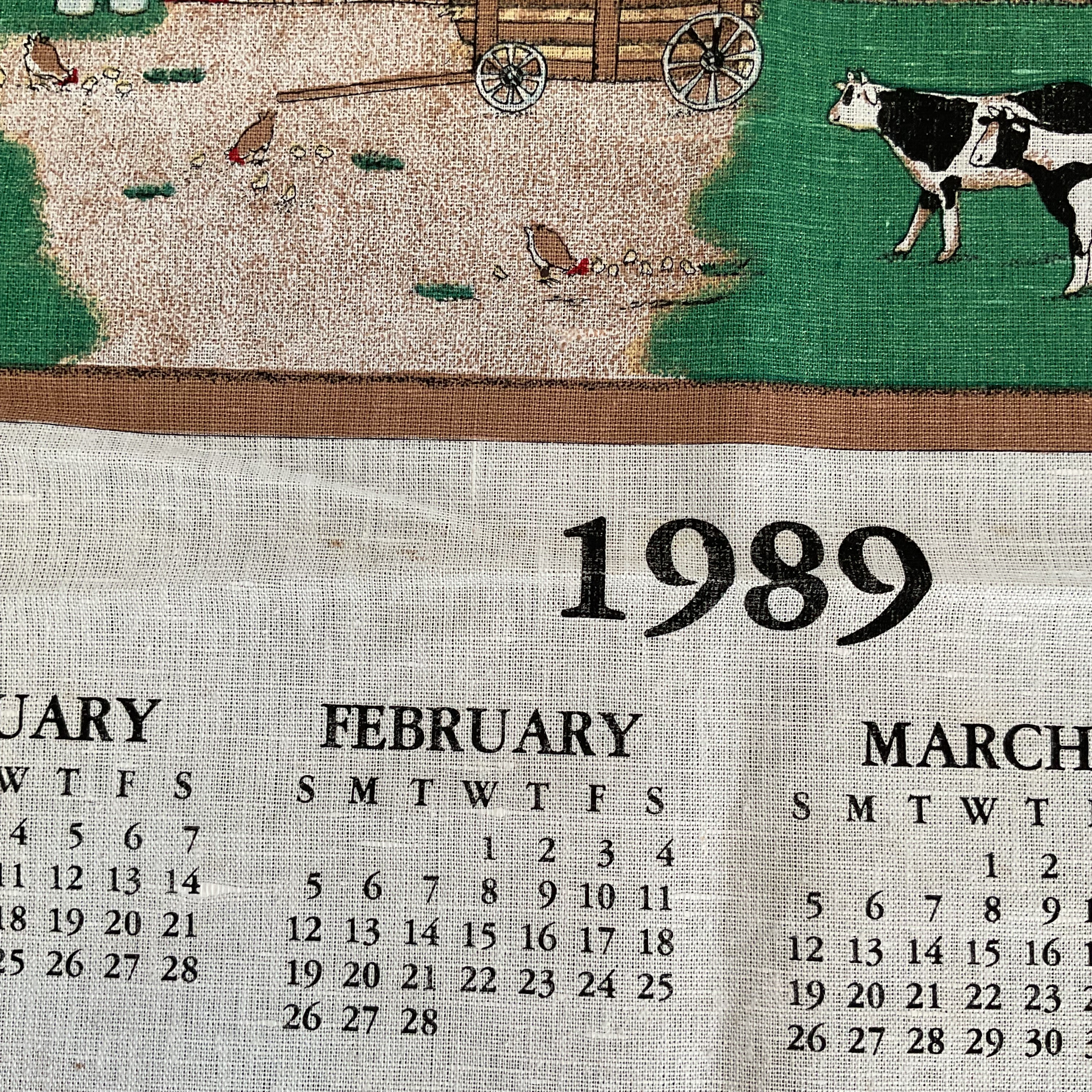 Vintage 1989 Kitchen Calendar Tea Towel Farm Scene Cows Barn