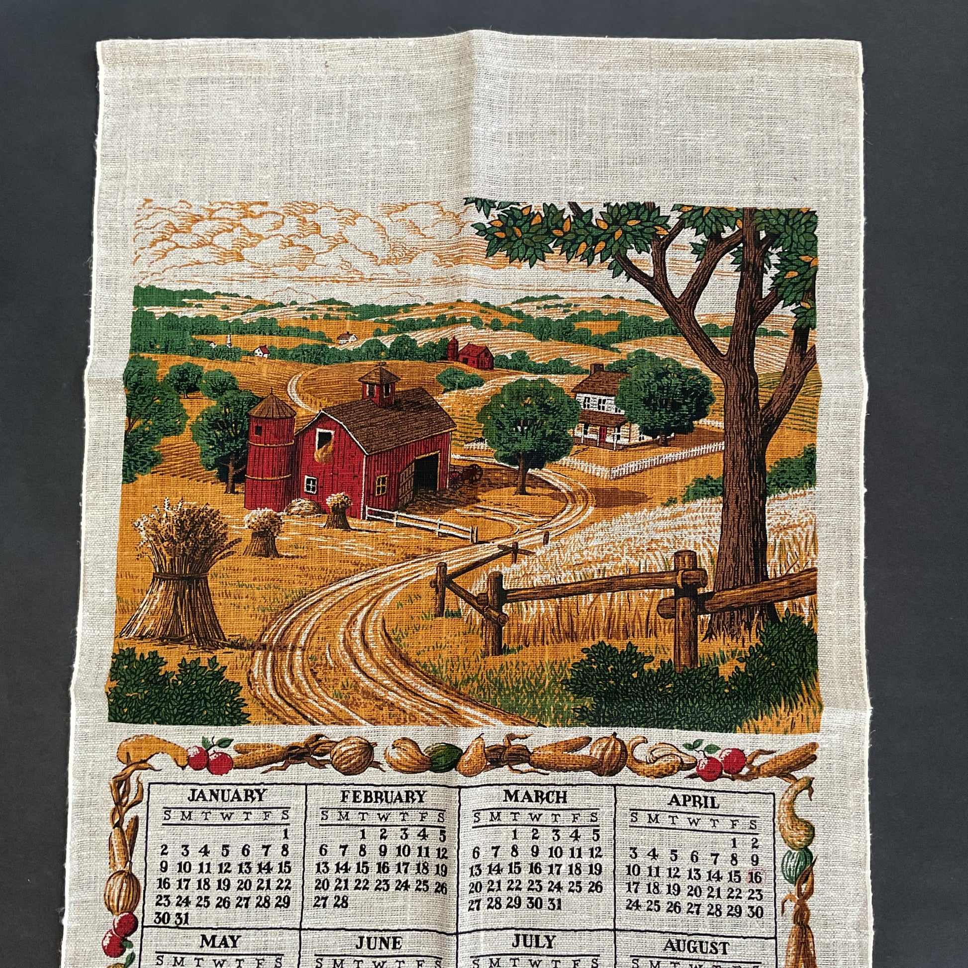 Vintage 1977 Kay Dee Calendar Tea Towel Farm Scene - Avid Vintage
