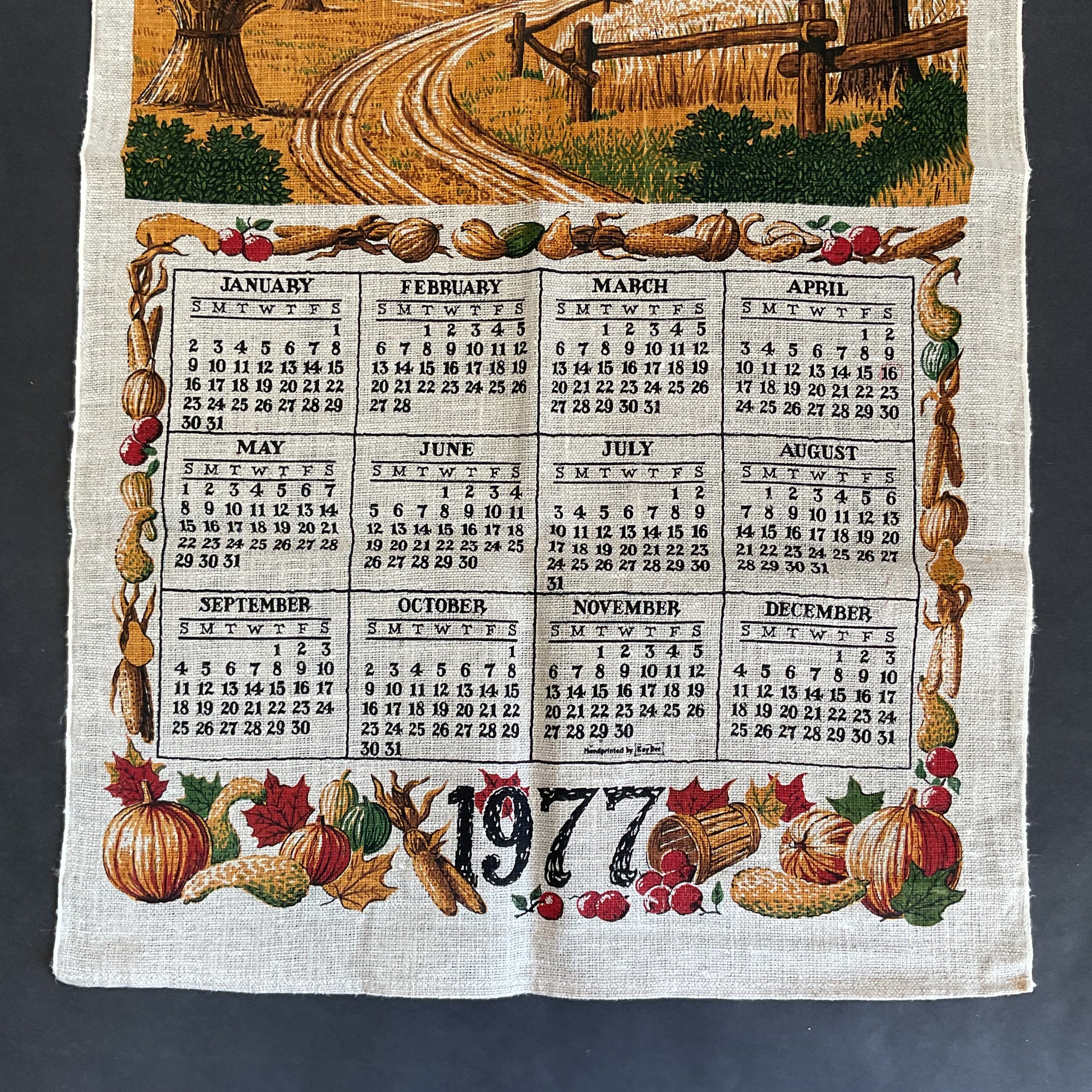 Vintage 1977 Kay Dee Calendar Tea Towel Farm Scene - Avid Vintage