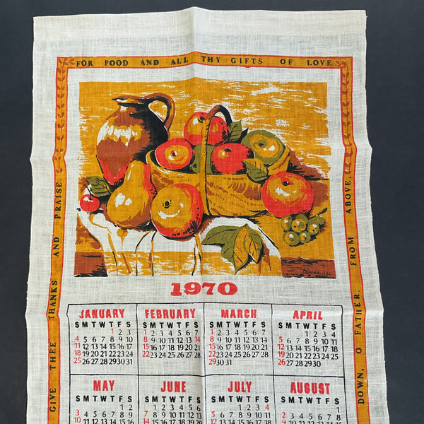 Vintage 1970 Calendar Tea Towel Basket of Fruit Gold Olive Green