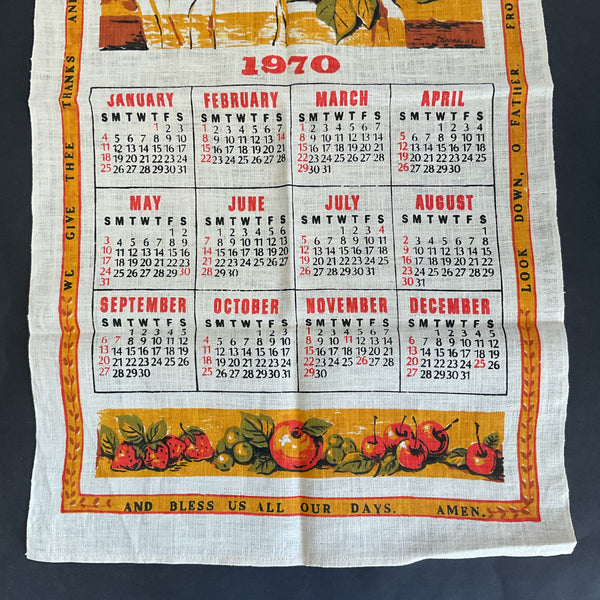 Vintage 1970 Calendar Tea Towel Basket of Fruit Gold Olive Green