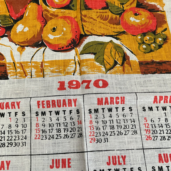 Vintage 1970 Calendar Tea Towel Basket of Fruit Gold Olive Green