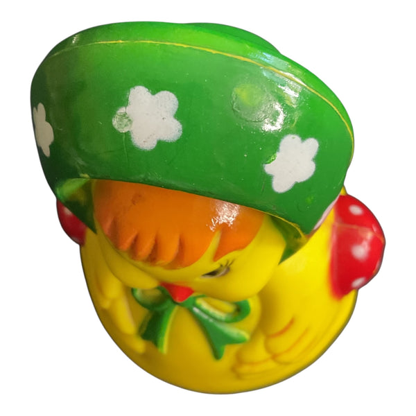 Vintage Easter Chick Wearing Bonnet Plastic Roll Toy Roly Poly Rattle