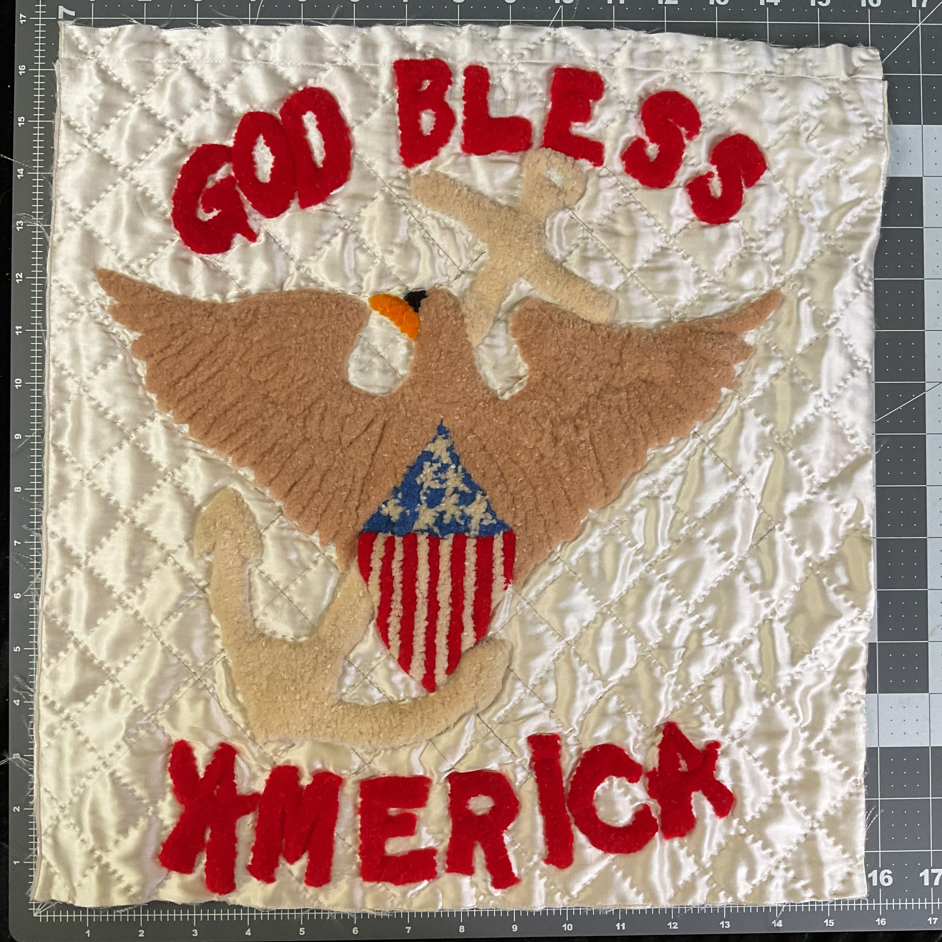 Vintage 1940s Patriotic Punch Needle God Bless America Quilt Panel