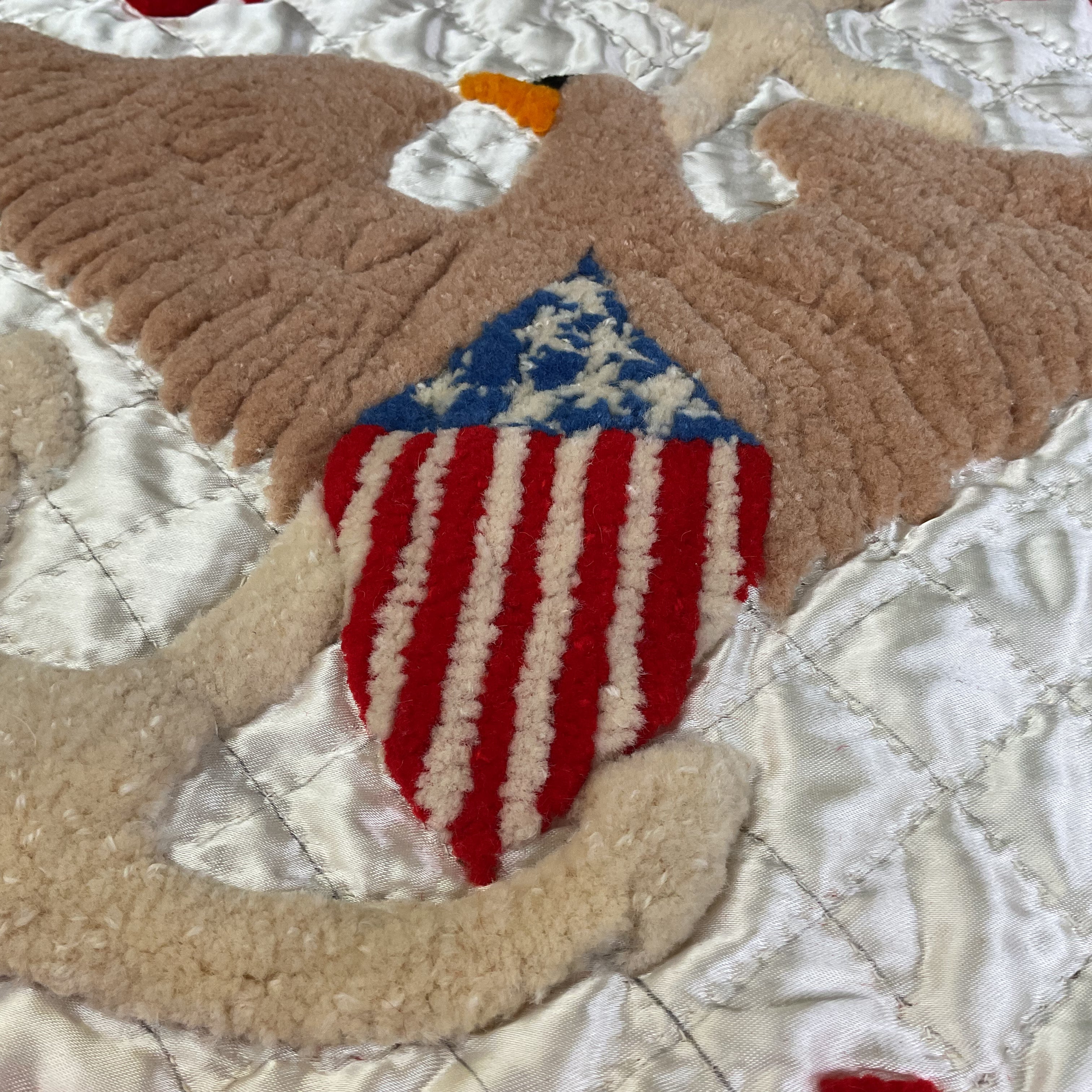 Vintage 1940s Patriotic Punch Needle God Bless America Quilt Panel
