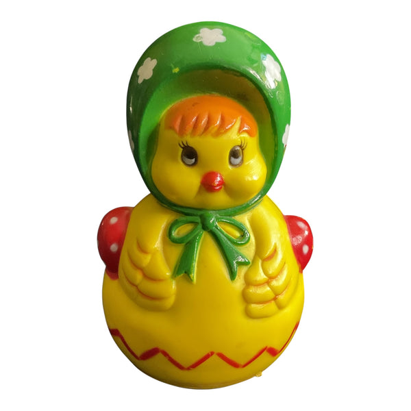 Vintage Easter Chick Wearing Bonnet Plastic Roll Toy Roly Poly Rattle