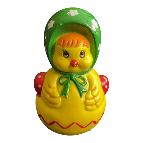Vintage Easter Chick Wearing Bonnet Plastic Roll Toy Roly Poly Rattle