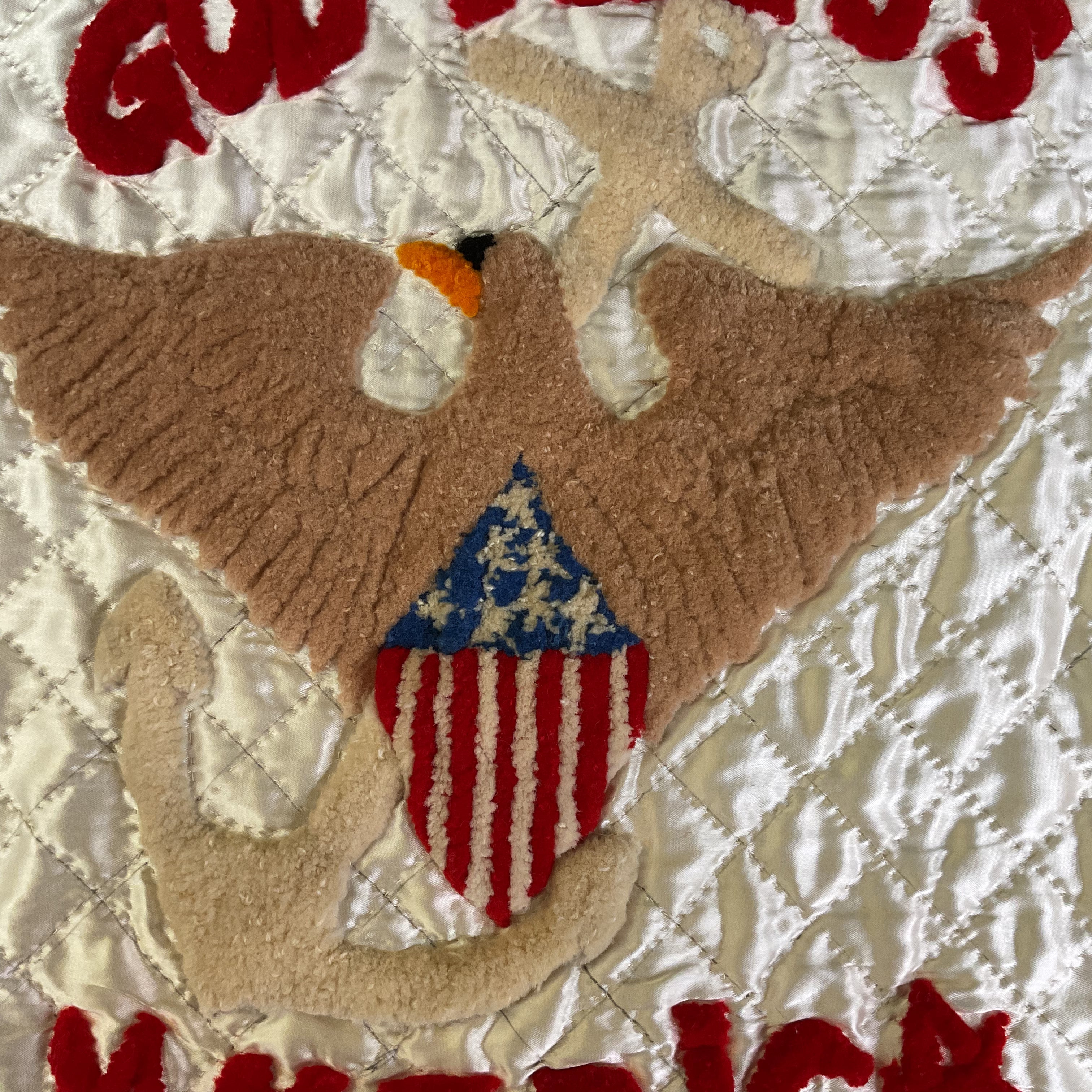 Vintage 1940s Patriotic Punch Needle God Bless America Quilt Panel