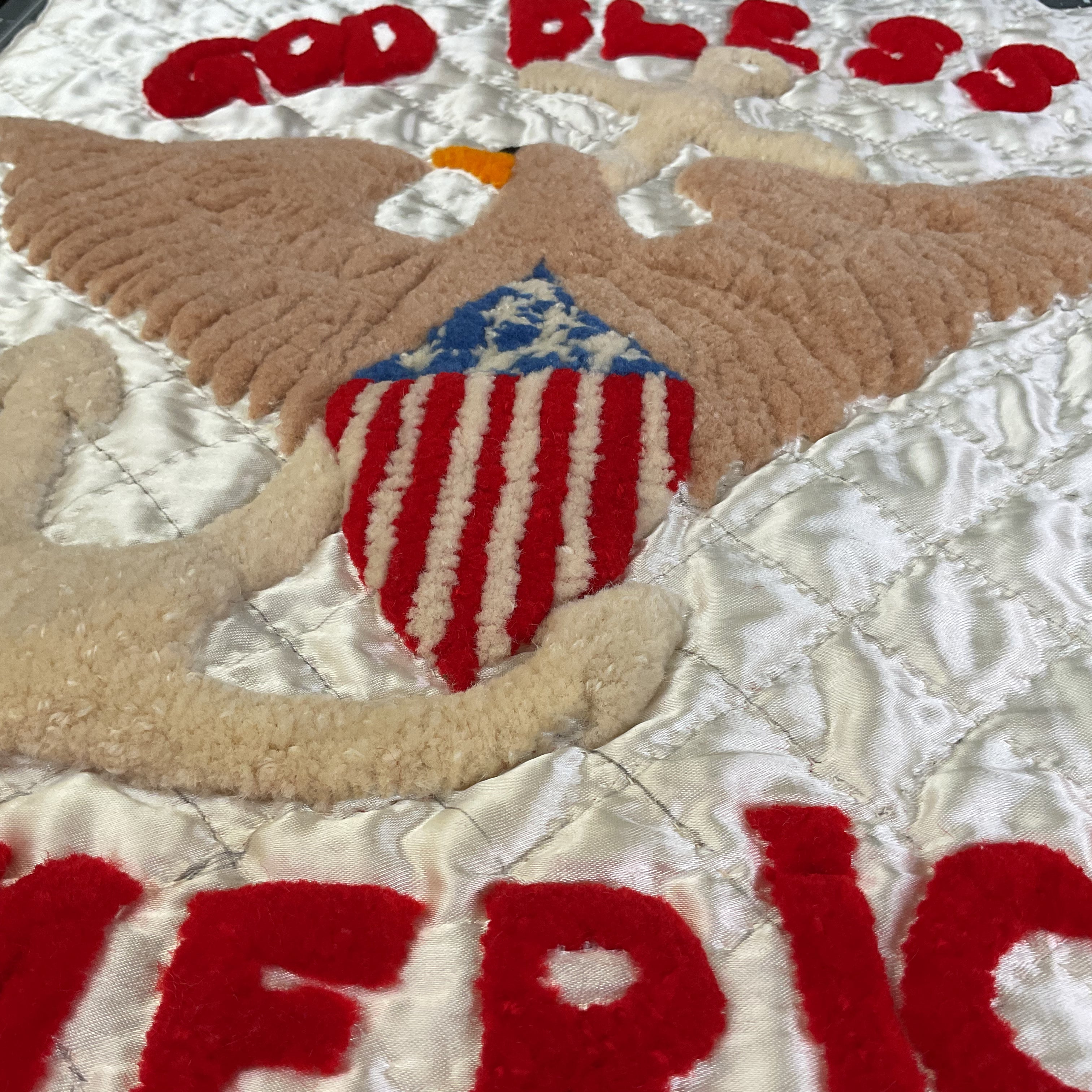 Vintage 1940s Patriotic Punch Needle God Bless America Quilt Panel