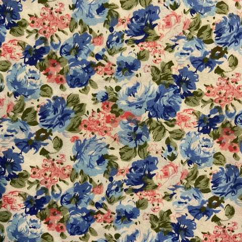 Floral Fabric Blue Roses and Pink Flowers on White 46 x 86