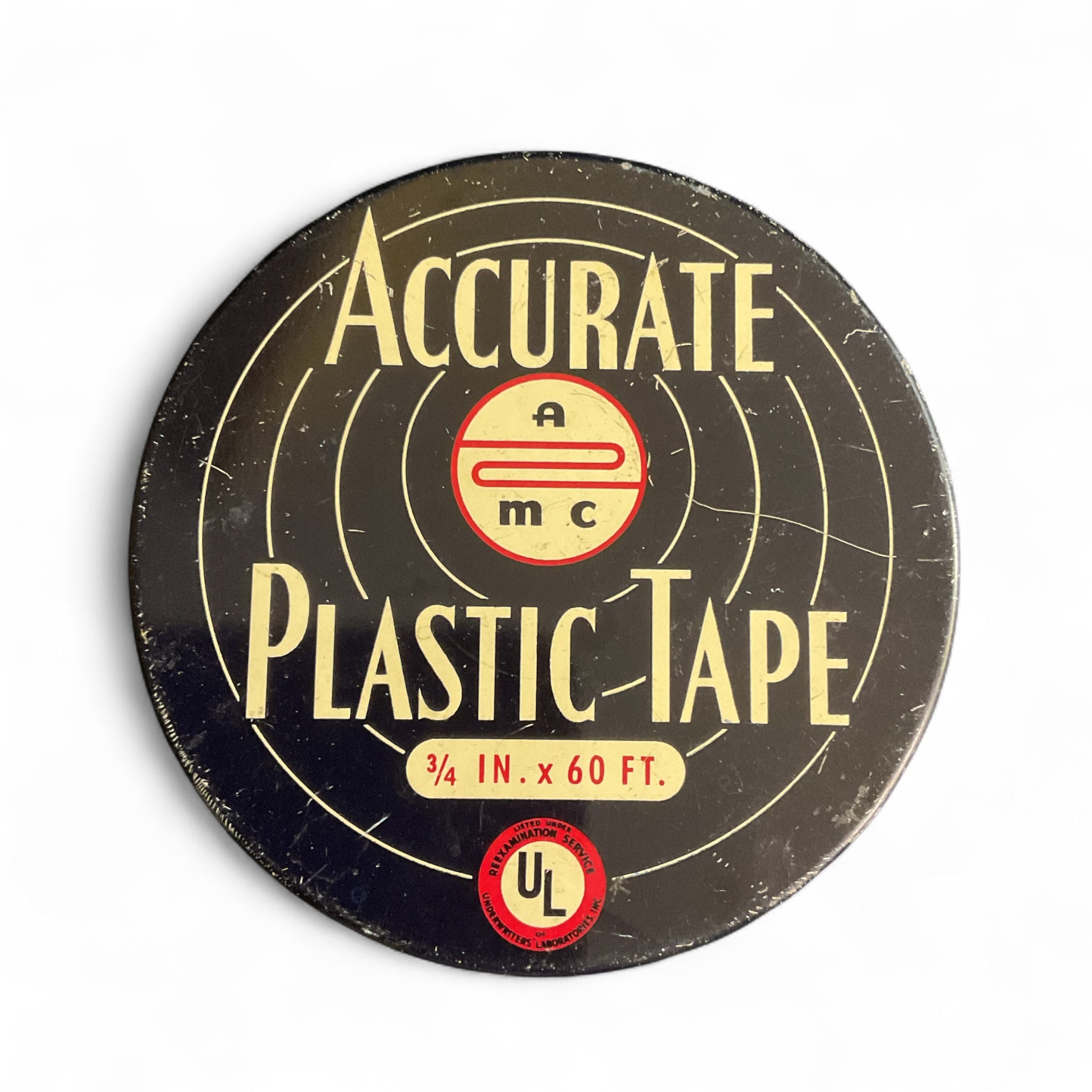 Vintage 1970s Advertising Tin Accurate Plastic Tape Empty Black and Red