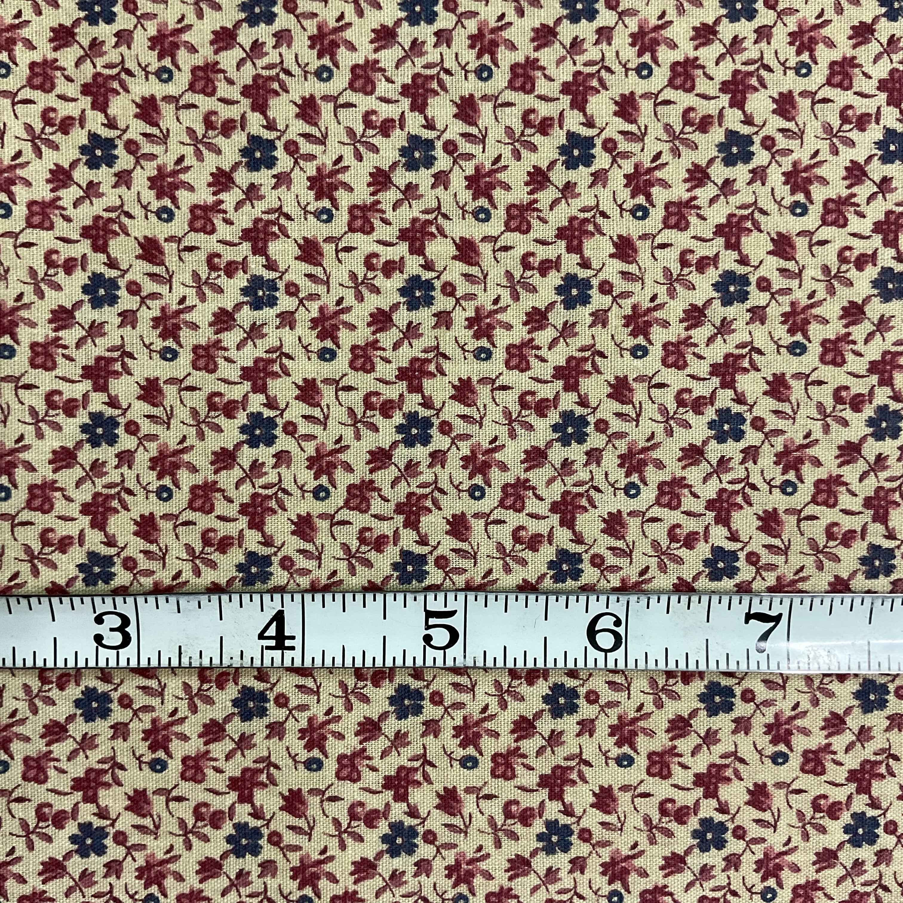 Small Blue and Pink Flowers on Tan Cotton Floral Fabric 40 x 41