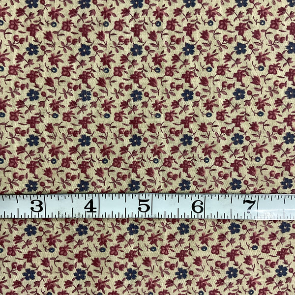 Small Blue and Pink Flowers on Tan Cotton Floral Fabric 40 x 41