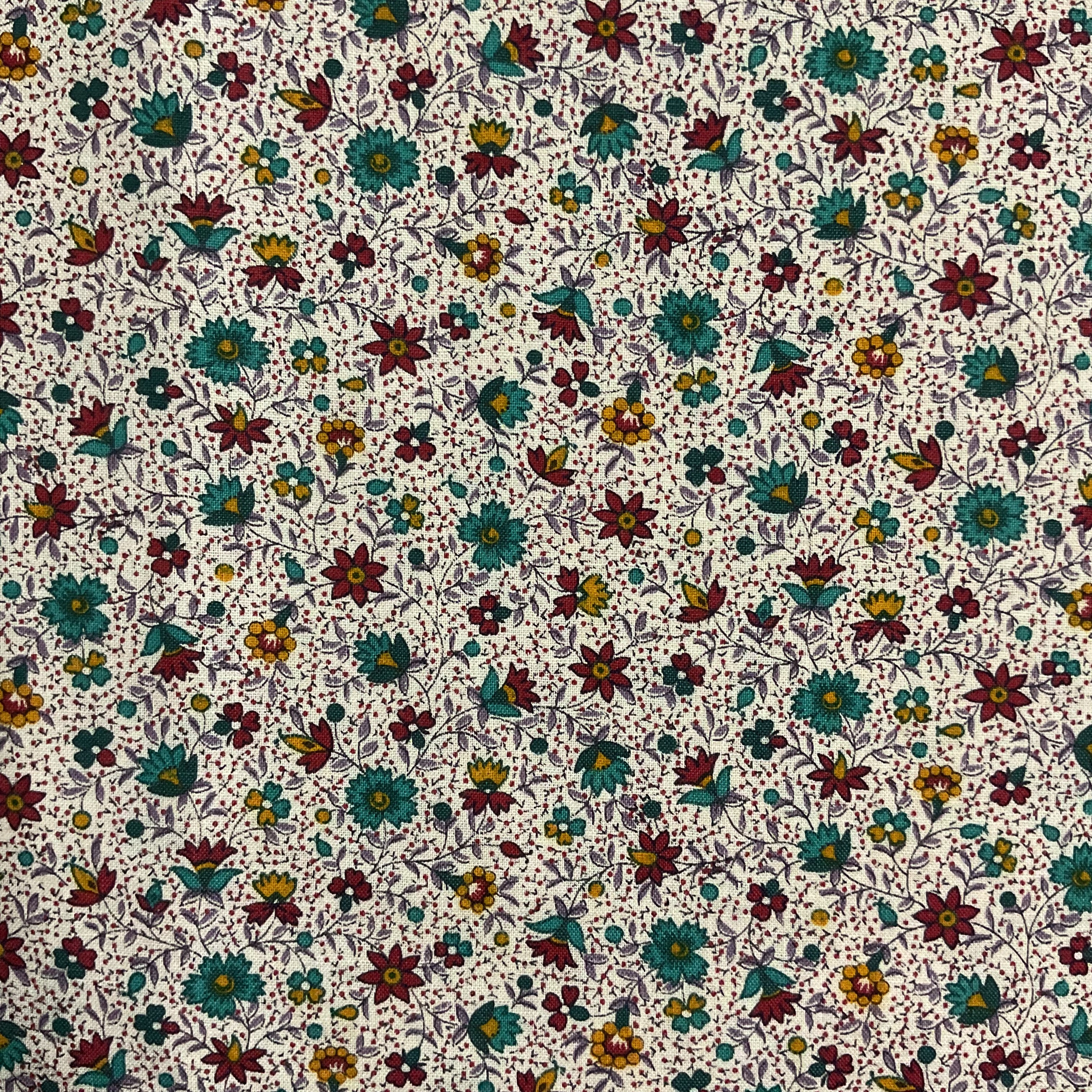 Joan Kessler for Concord Fabrics Small Turquoise Red and Yellow Flowers on White 43 x 47