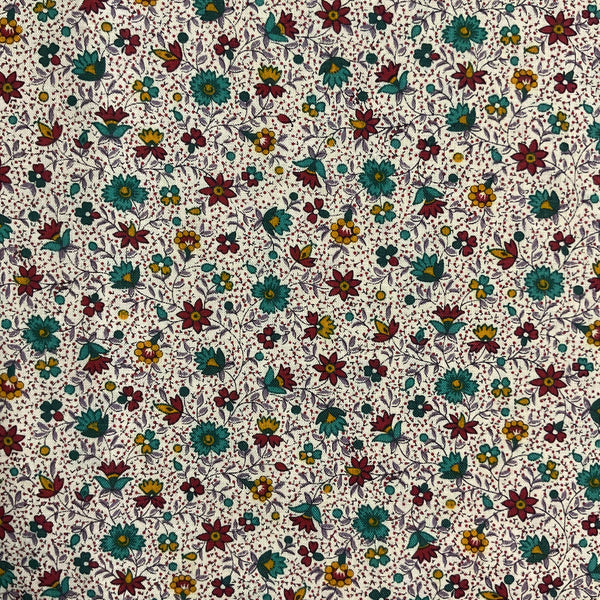 Joan Kessler for Concord Fabrics Small Turquoise Red and Yellow Flowers on White 43 x 47