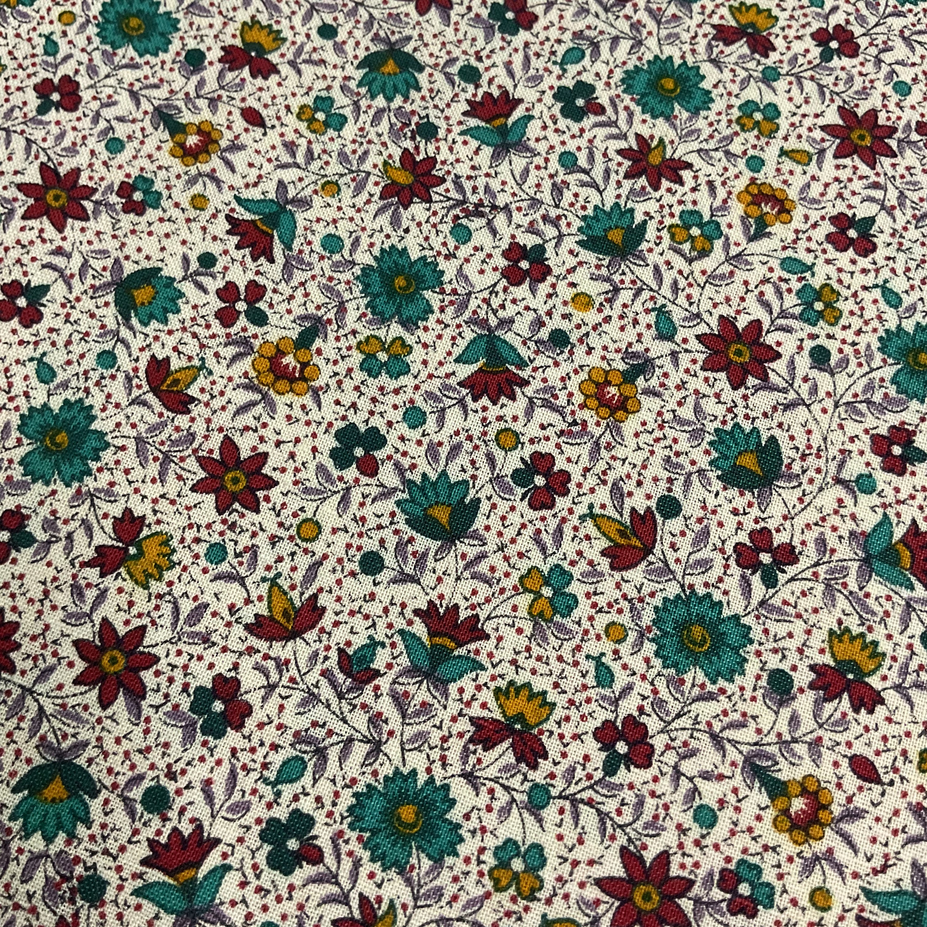 Joan Kessler for Concord Fabrics Small Turquoise Red and Yellow Flowers on White 43 x 47