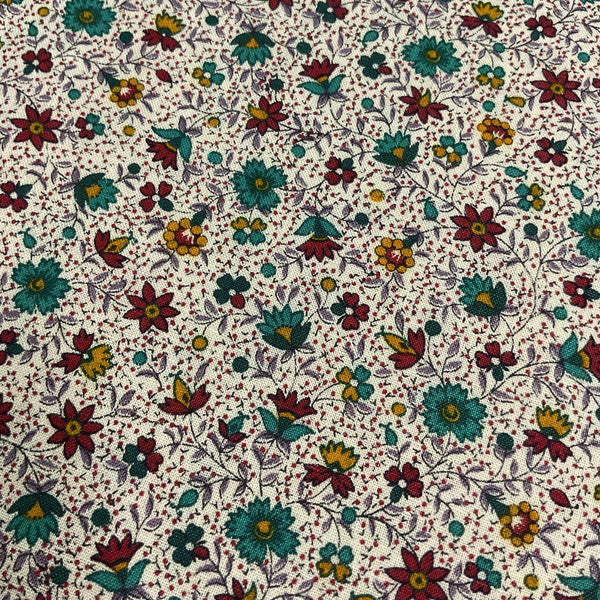 Joan Kessler for Concord Fabrics Small Turquoise Red and Yellow Flowers on White 43 x 47