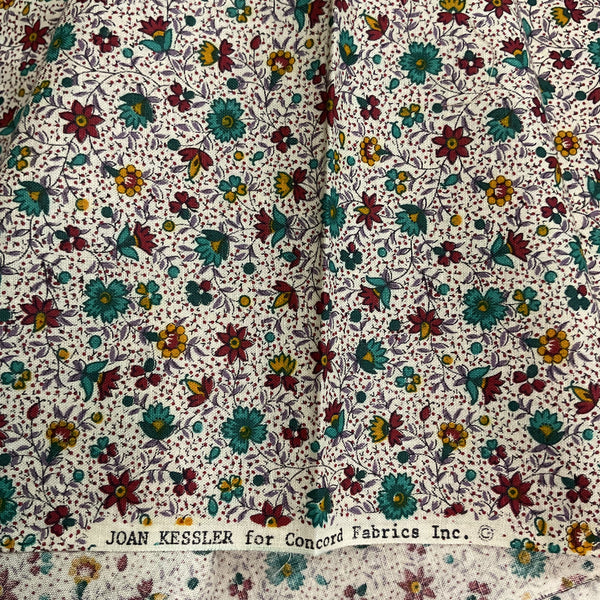 Joan Kessler for Concord Fabrics Small Turquoise Red and Yellow Flowers on White 43 x 47