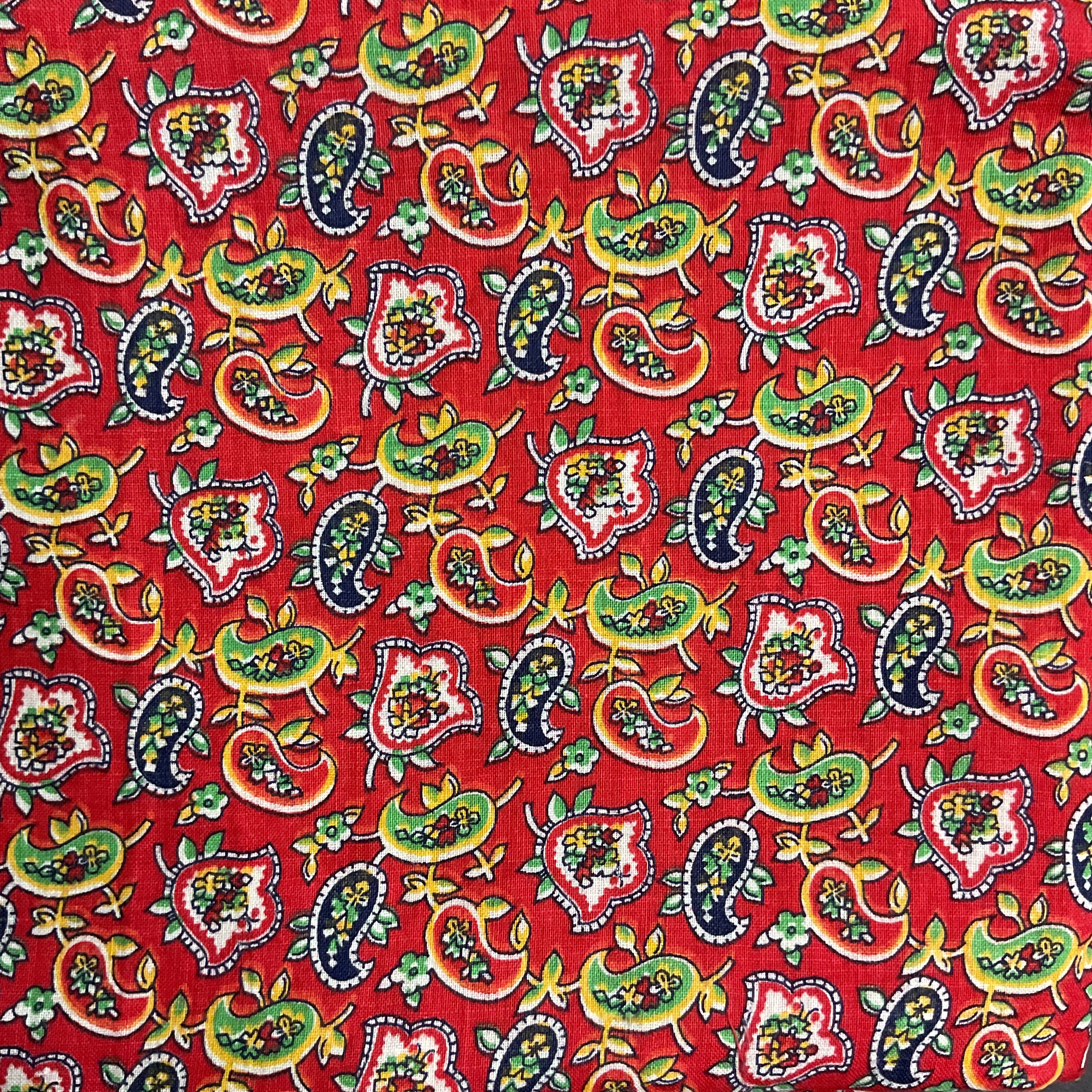Vintage Red Paisley Cotton Fabric Remnant 31 x 48