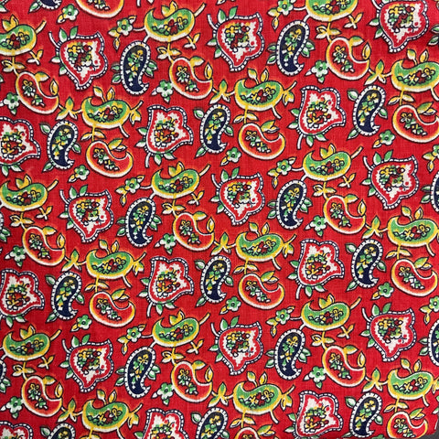 Vintage Red Paisley Cotton Fabric Remnant 31 x 48