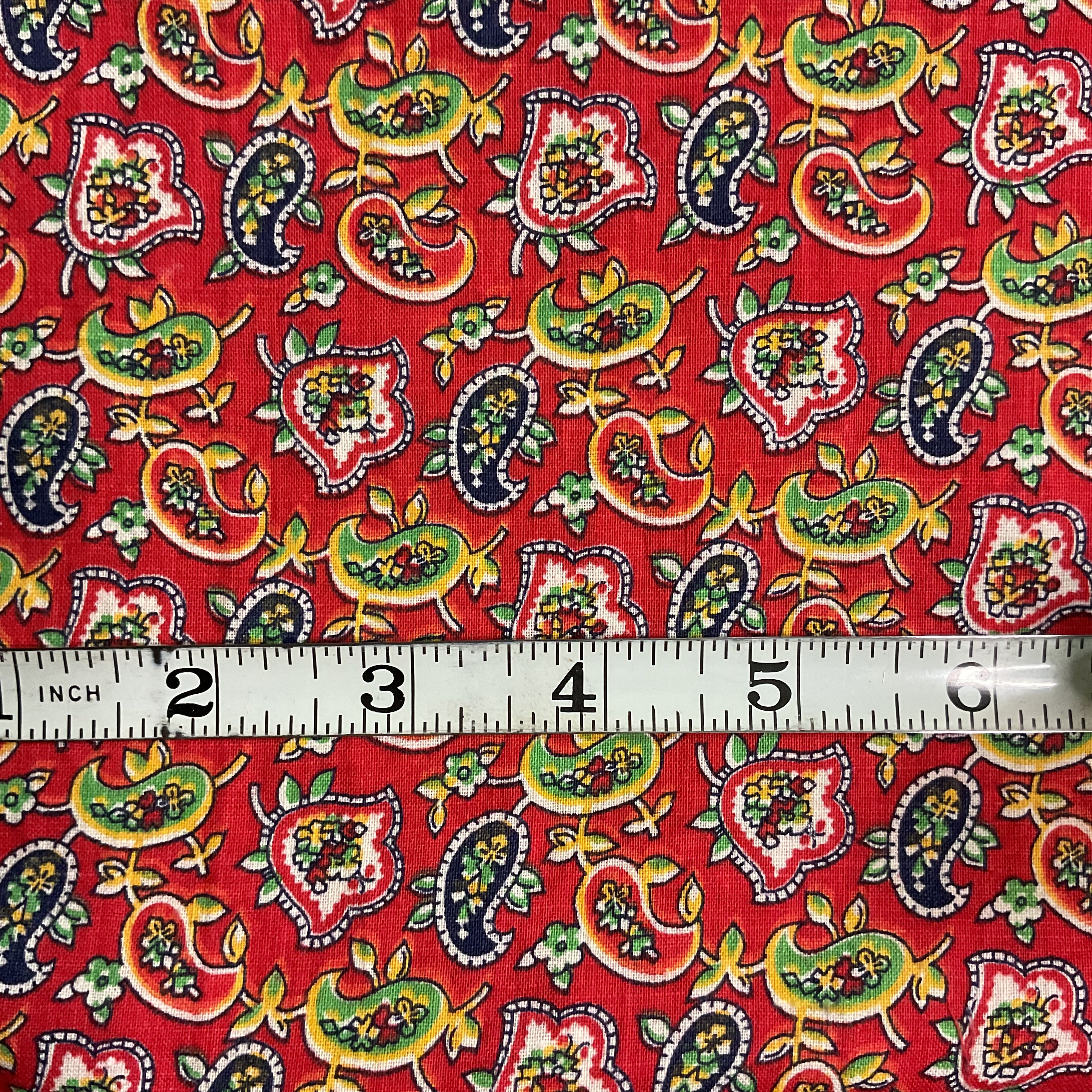 Vintage Red Paisley Cotton Fabric Remnant 31 x 48
