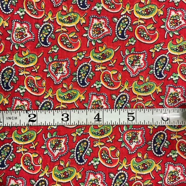 Vintage Red Paisley Cotton Fabric Remnant 31 x 48