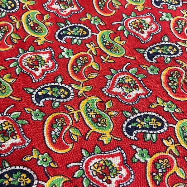 Vintage Red Paisley Cotton Fabric Remnant 31 x 48